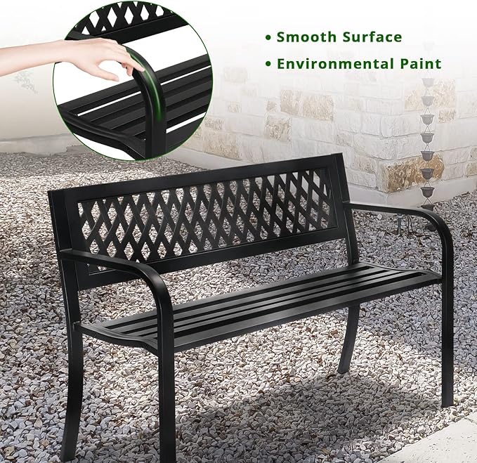 Outvita Outdoor Bench, 47" Metal Garden Bench Patio Park Furniture with Plastic Backrest Powder-Coated Chair Yard Entryway Deck Porch Black