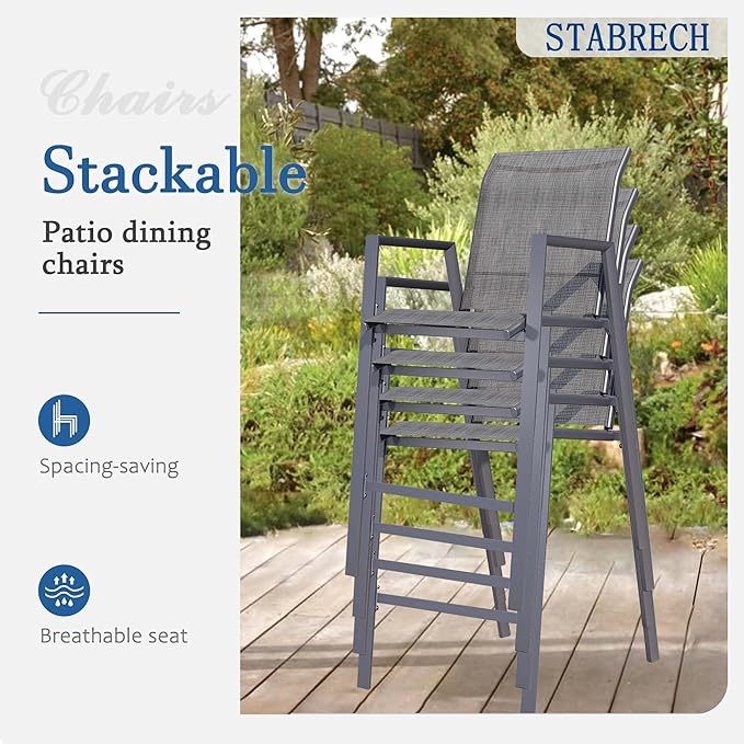 Outdoor Bar Stools Set of 6, 44'' Patio Bar Chairs with Textile High Back, Bar Height Chairs with Straight Armrest and Footrest, Grey