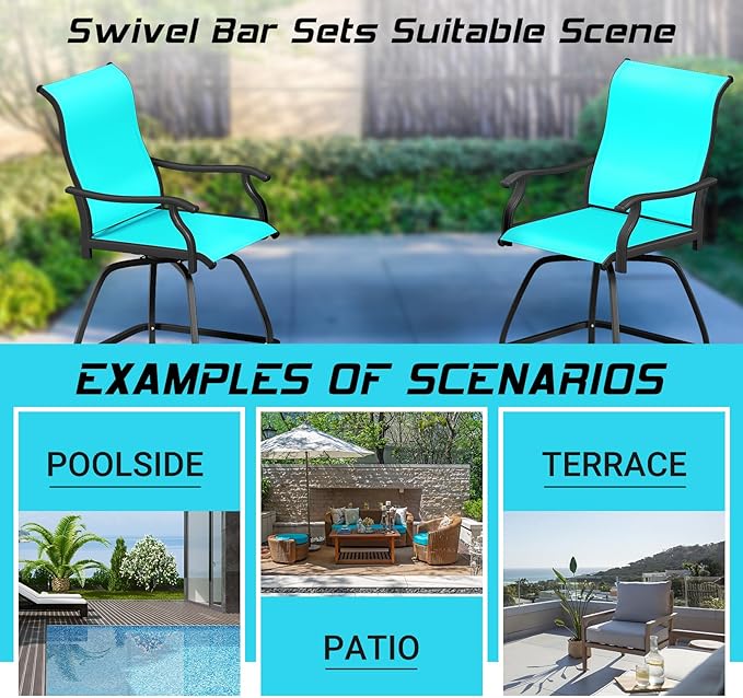 LEVELEVE Patio Bar Set 4pcs Swivel Bar Stools Outdoor Bistro Textilene Furniture Stability All-Weather Set (Lake Blue Fabric)