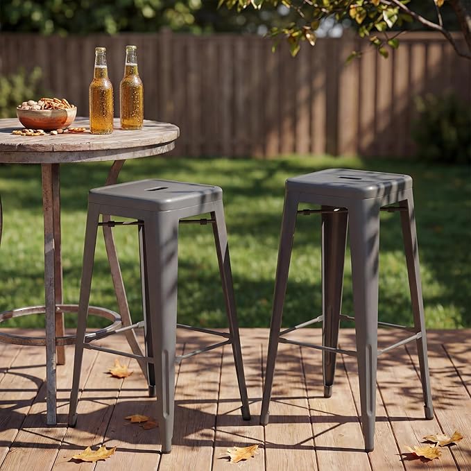 Shahoo 30 Inches Metal Bar Stools Counter Height Stackable Backless Stools, Industrial Patio Stools Indoor Outdoor Metal Kitchen Stools Set of 4 (Grey, 30'')