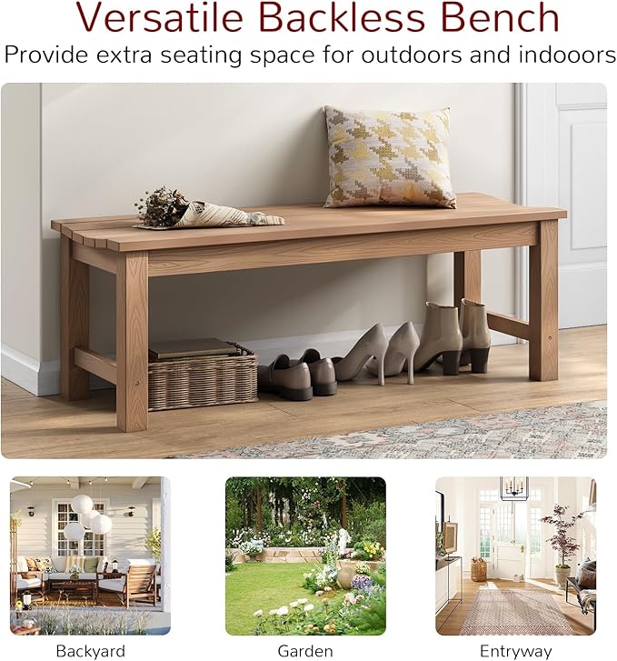 Stoog Outdoor Bench, 2-Person Patio Backless Bench with 800 lbs Weight Capacity, All-Weather HIPS Garden Bench, Enteyway Bench, Never Rot or Fade, Teak