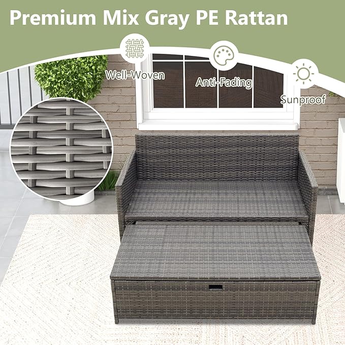 Tangkula Outdoor Rattan Daybed, Wicker Loveseat & 31 Gallon Storage Ottoman w/Soft Cushions, Space-Saving 2-Person Sun Lounger Daybed for Backyard, Porch (Beige)