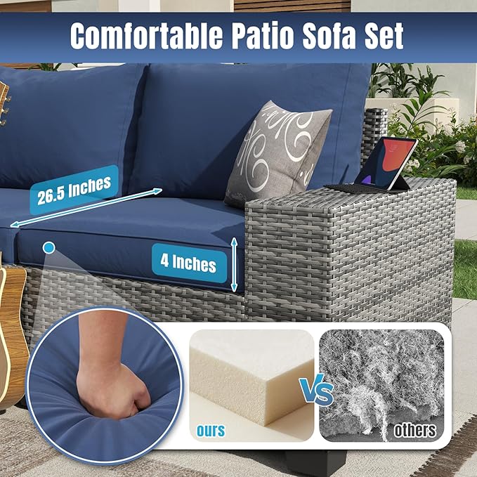 Aoxun 6 Pieces Patio Furniture Set Wicker Rattan Outdoor Sectional Conversation Set with Coffee Table and 4” Thickened Cushions, Gray Blue(Waterproof Cover Included)