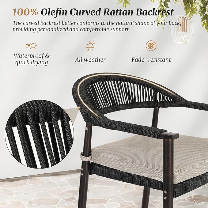 Bar Stools Set of 4, 24.8'' Aluminum Outdoor Bar Stool with Removable Cushion, Boho Rattan BarStools, Olefin Rope Woven Bar Chairs with Footrest for Patio, Garden, Pool, Kitchen, Black