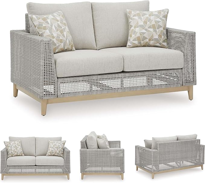 Signature Design by Ashley Seton Creek Cottage Nuvella Weather Resistant Fabric Outdoor Loveseat with Cushion and 2 Throw Pillows, Light Brown & Light Gray