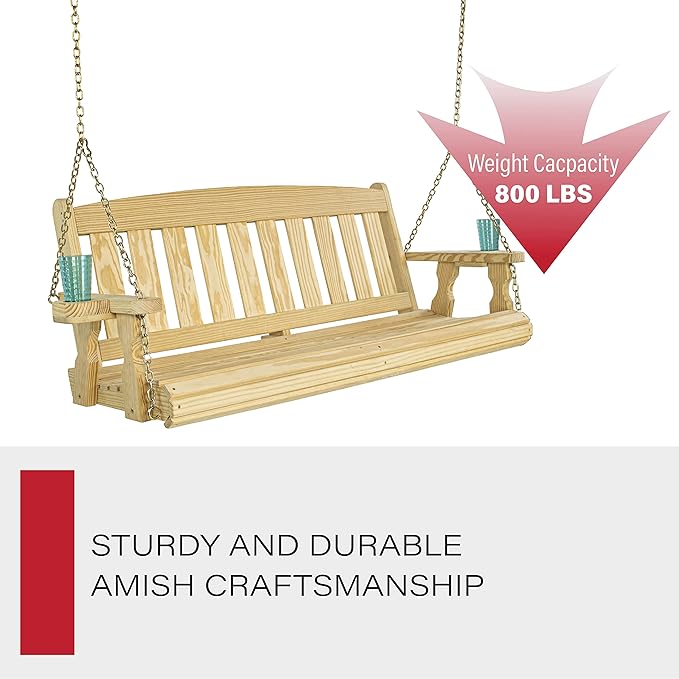 Amish Casual Heavy Duty 800 Lb Mission Treated Porch Swing with Hanging Chains and Cupholders (4 Foot, Unfinished)