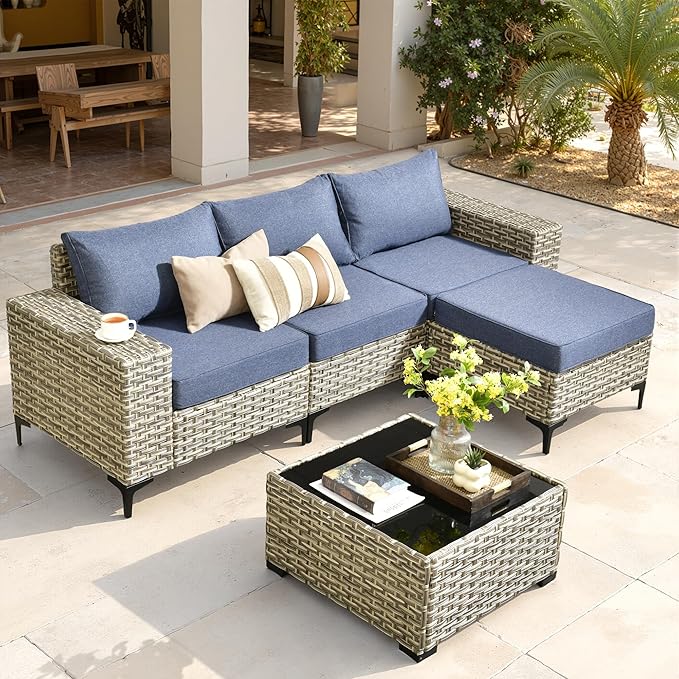 ovios 5-Piece Patio Furniture Set with L-Shape Sofa Chaise, Outdoor Sectional Couch Coffee Table, Modern Modular Wicker Rattan Conversation Set, Denim Blue