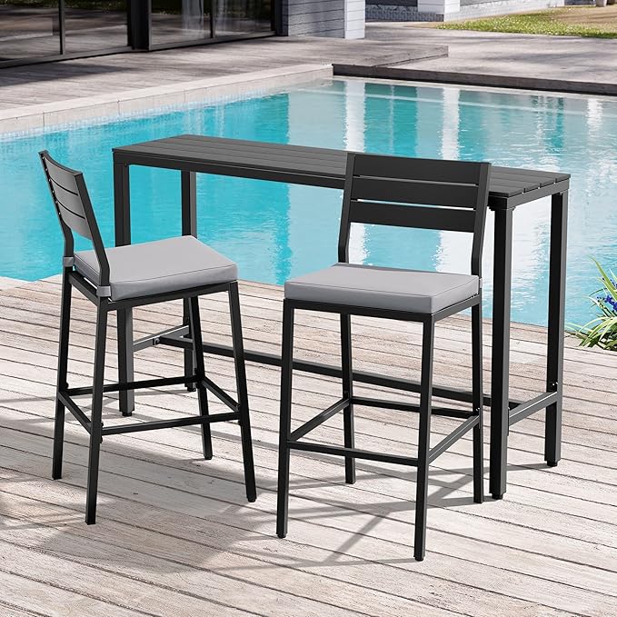 Crestlive Products Outdoor Bar Table and Chairs Set, 3 Piece Outside Patio Bar Set with 43" Long Bar Table and 2 Bar Stools for Balcony, Bistro, Garden, Backyard(Black Desktop and Light Gray Cushion)