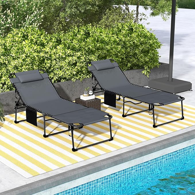 Outsunny 2 Piece Folding Chaise Lounge with 5-Level Reclining Back, Tanning Chair with Face Hole, Outdoor Lounge Chair with Side Pocket & Headrest for Beach, Yard, Patio, Gray