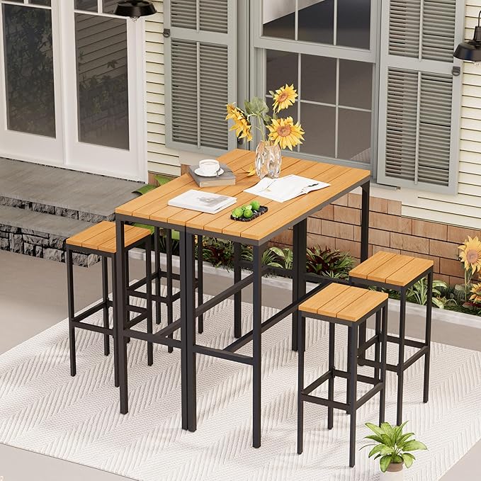AECOJOY 6 Piece Patio Bar Set, Patio Bar Height Table and Chairs Set 47" Rectangular Pub Height Bar Table with 4 Bar Stools Patio Pub Bar Set for Balcony, Porch