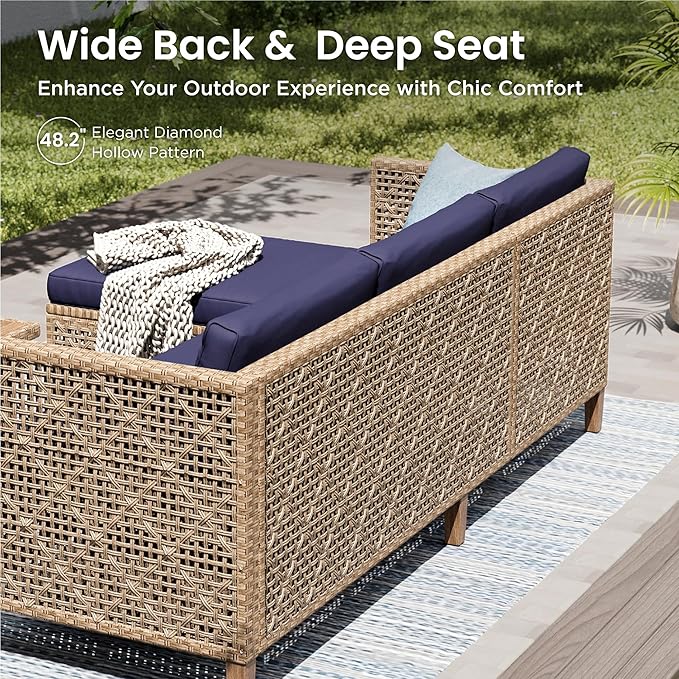 PHI VILLA Wicker Patio Furniture Set, Outdoor Sectional Couch with Cushions and Acacia Wood Coffee Table, U-Shaped Patio Conversation Set for Deck or Porch, 6 Seats, Navy Blue