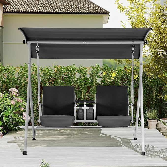 HOMREST 2 Seat Outdoor Porch Swing,Patio Swing with Adjustable Canopy,Heavy Duty 650 LBS Outdoor Swing with Pivot Storage Table & 2 Cup Holders & Cushions for Yard, Lawn, Backyard, (Dark Black)