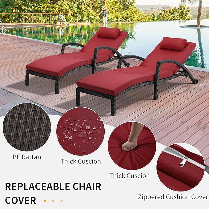 HOMREST Chaise Lounge Chairs Set of 2, PE Rattan Wicker Patio Lounge Chair with Adjustable 5 Position, Arm and Wheels for Poolside Backyard Deck Porch,Wine red
