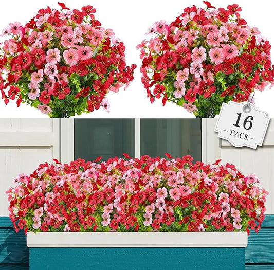AGIRL 16 Bundles Artificial Flowers for Outdoor,No Fade Fake Plastic Flowers Faux Plants for Hanging Planters Decoration Indoor Outside Garden Porch Window Box Home Wedding