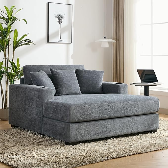Merax Modern Upholstered Indoor Chaise Lounge with Pillows, Charge Station & Cup Holders, Single Sofa Couch with Armrest and Soild Wood Legs, Blue Gray