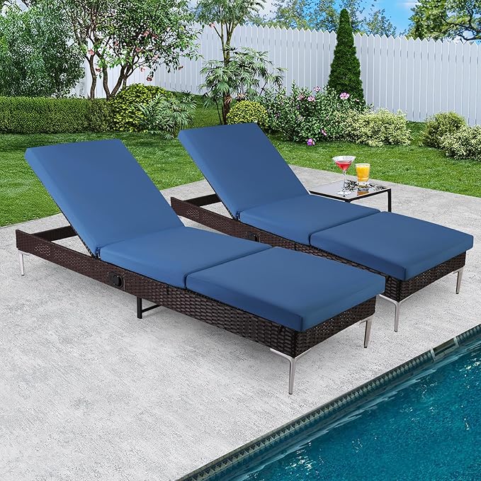 HOMREST Outdoor Chaise Lounge Chair Set of 2, Rattan Pool Sunbathing Recliner with Adjustable Backrest, Patio Wicker Lounge Chairs with Removable Cushion (Navy Blue)