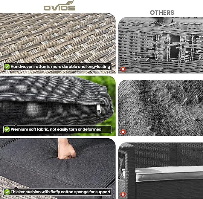 ovios 5-Piece Patio Furniture Set with L-Shape Sofa Chaise, Outdoor Sectional Couch Solar Table, Modern Modular Wicker Rattan Conversation Set, Black