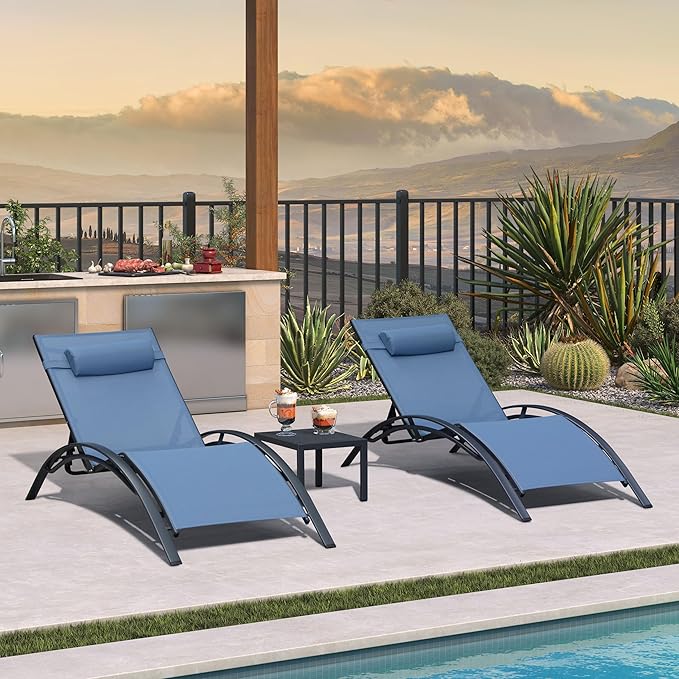 PURPLE LEAF Patio Oversized Chaise Lounge Chair Set with Side Table Pool Adjustable Recliner Chairs for Outside Beach Outdoor Sunbathing Tanning Poolside Lounger Chair, Indigo