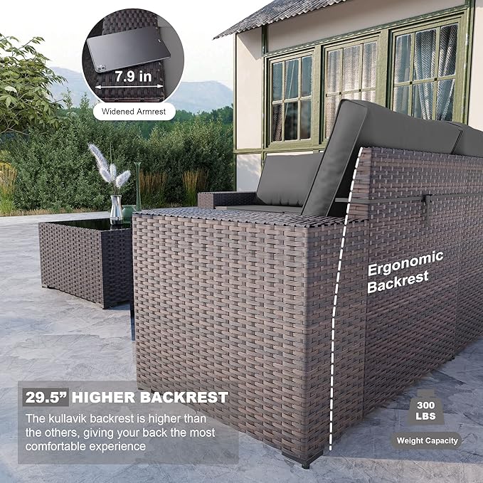 Kullavik Outdoor Patio Furniture Set 6 Pieces Sectional Rattan Sofa Set Brown PE Rattan Wicker Patio Conversation Set with 5 Seat Cushions and 1 Tempered Glass Table,Grey