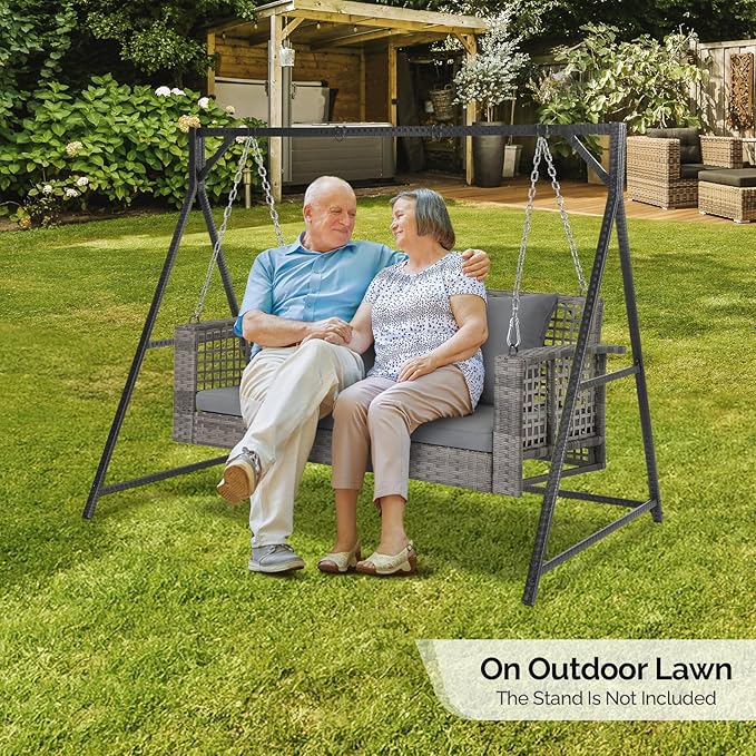 VINGLI 4 FT Rattan Porch Swing Outdoor Support 800 LBS with Cushions & Adjustable Chains, Patio Wicker Swing Bench Chair for Garden, Yard, Lawn, Tree, Grey