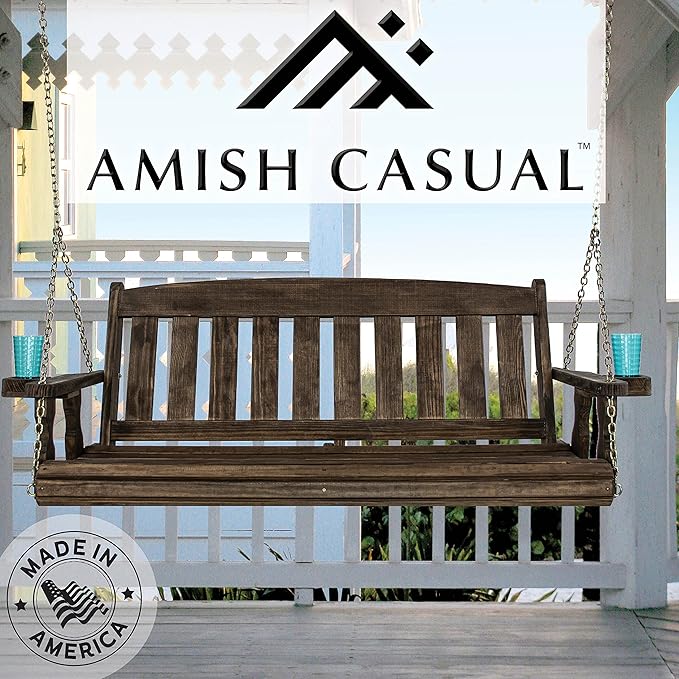 Amish Casual Heavy Duty 800 Lb Mission Treated Porch Swing with Hanging Chains and Cupholders (4 Foot, Dark Walnut Stain)