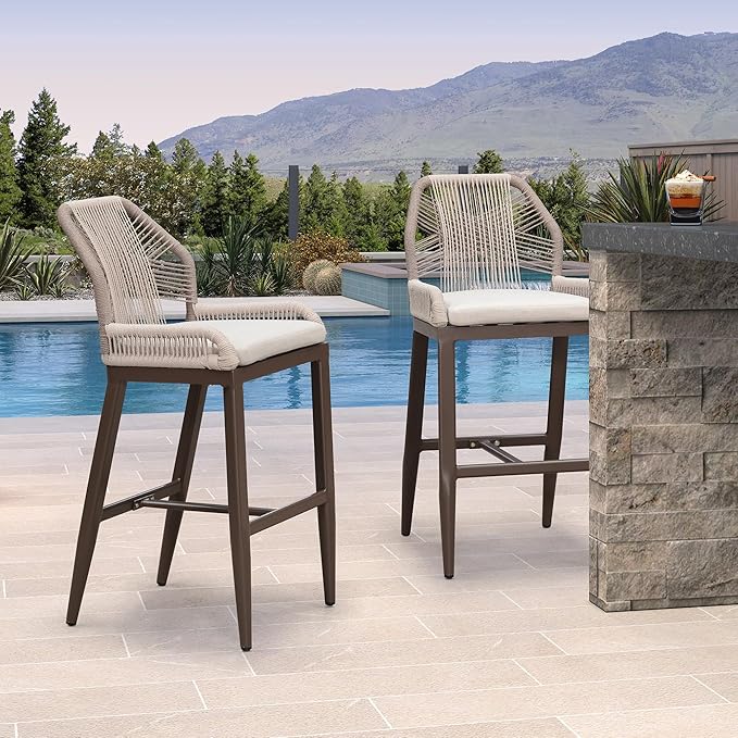 PURPLE LEAF Patio Bar Stool Bar Height Set of 4 Outdoor Rattan Chairs with Back Modern Aluminum Woven Barstools for Garden Indoor Kitchen Coffee