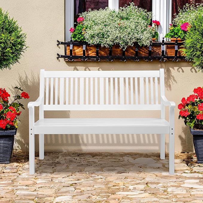 VINGLI 50" Outdoor Wood Bench, Weatehr Resistant Wooden Garden Patio Bench with Comfortable Backrest & Curved Armrest, 800lb Capacity Loveseat for Front Porch Park Yard Deck (White, Dense Slatted)