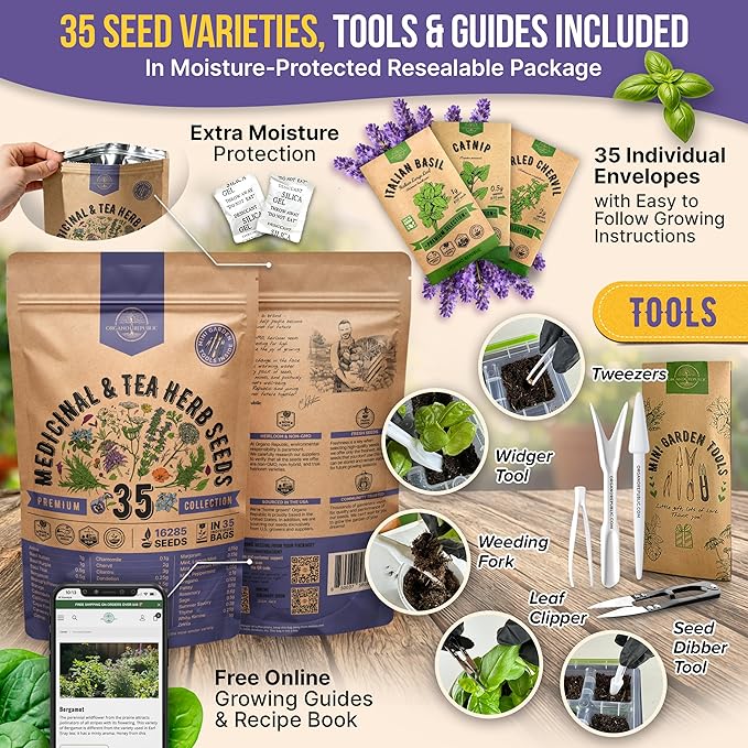35 Medicinal & Tea Herb Seeds Variety Pack for Indoor & Outdoors. 16,335+ Non-GMO Heirloom Garden Seeds: Anise, Bergamot, Borage, Cilantro, Chamomile, Dandelion, Rosemary Seeds & More