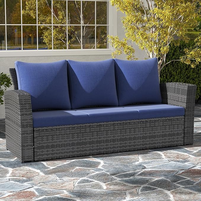 Wisteria Lane All Weather Wicker Patio Couch, 3 Seats Patio Sofa with Thick Cushions, Outdoor Furniture Couch with High Back, Outdoor Patio Sofa for Garden, Backyard, Porch, Blue