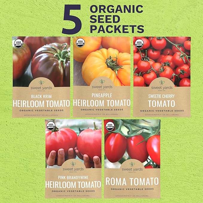 Organic Tomato Seeds Variety Pack - 5 Individual Packs - 2026 Season - Roma, Pink Brandywine, Sweetie Cherry, Black Krim & Pineapple. for Indoor & Outdoor Planting (Non-GMO, Certified Organic)