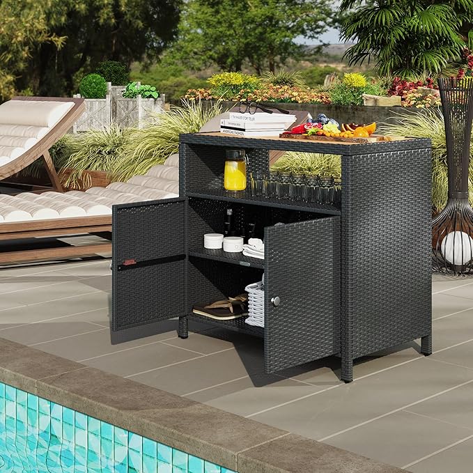Outsunny Wicker Outdoor Storage Cabinet, Rattan Outdoor Bar Table with Acacia Wood Countertop, 2 Doors and Shelf, Buffet Cabinet Sideboard for Poolside, Garden, Patio, Backyard, Black