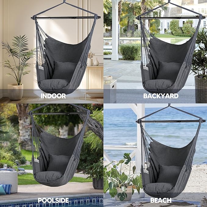 SUNCREAT Hammock Chair Swing with Steel Support Bar, Side Pocket, Large Hanging Chair Outdoor, Max 450lbs Capacity, Dark Gray