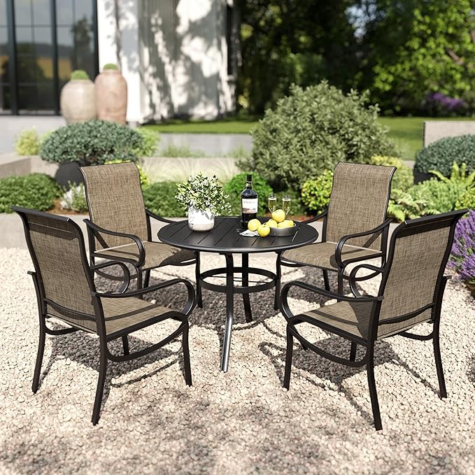 PHI VILLA 5 Piece Round Patio Dining Set, Round Metal Table with Umbrella Holes and 4 High Back Fixed Chairs All Weather Outdoor Table and Chairs Set for Deck Garden Yard