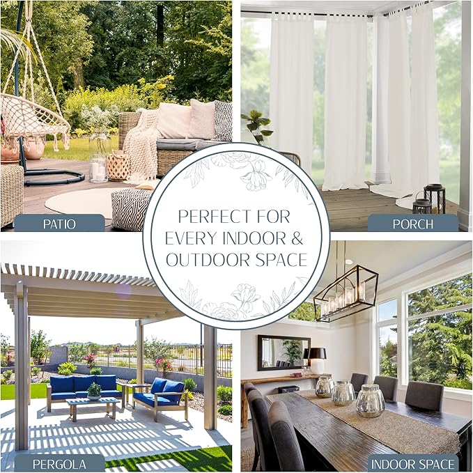Elrene Home Fashions Matine Weatherproof Tab-Top Indoor/Outdoor Solid Color Curtain Panel for Porch, Pergola, Patio, Deck, 52”W x 95”L, Ivory