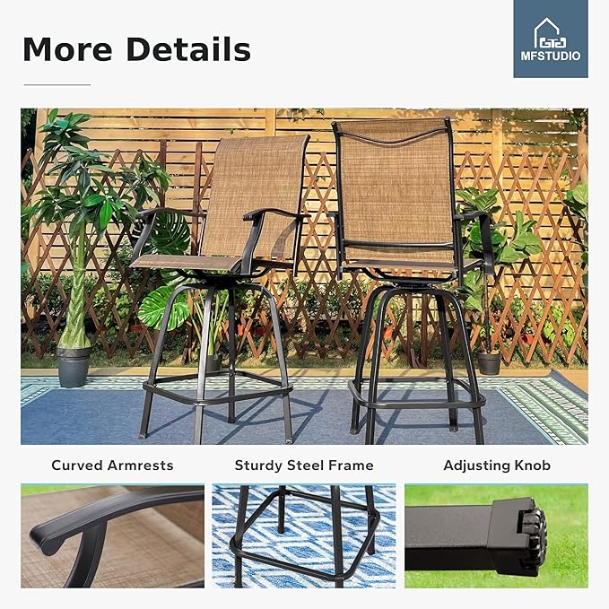 MFSTUDIO Outdoor Bar Stools Set of 2, Swivel Bar Height Patio Chairs Outdoor Barstools High Top Patio Swivel Bar Chairs, Breathable Textilene