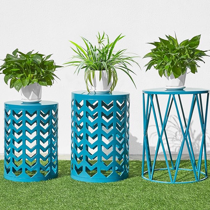 Nesting Side Table Set of 3 Decorative Round Garden Stools for Indoor Outdoor Heavy Duty Metal Frame Side Table Nightstands Modern End Table Plant Stand, Blue