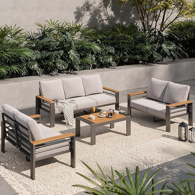 Aoxun Aluminum Outdoor Patio Furniture Set, 7 Seats Outdoor Sectional with Coffee Table, Patio Conversation Sets with Upgraded Armrests and Cushions for Backyard, Garden and Poolside（Grey）