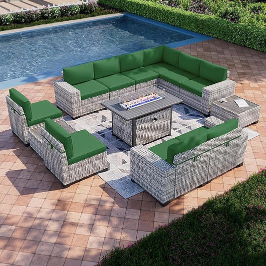 13-Piece Outdoor Patio Furniture Set with 55,000 BTU Fire Pit Table, PE Wicker Rattan Sectional Sofa Patio Conversation Set with Coffee Table, Green