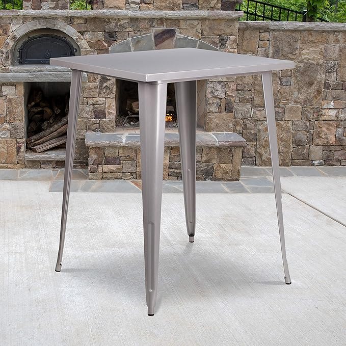 EMMA + OLIVER Commercial Grade 31.5" Square Silver Metal Indoor-Outdoor Bar Height Table