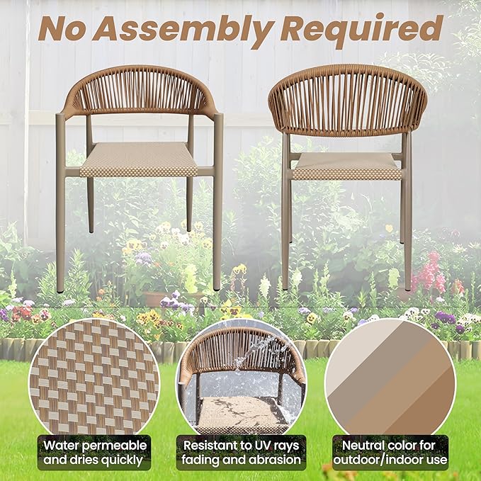 8 Pcs Stackable Patio Dining Chairs, Aluminum Rattan Outdoor Dining Chair with Arms, Woven Rope Garden Armchair Metal No Assembly for Bistro Balcony Porch Deck Yard Cafe Restaurant, Light Brown