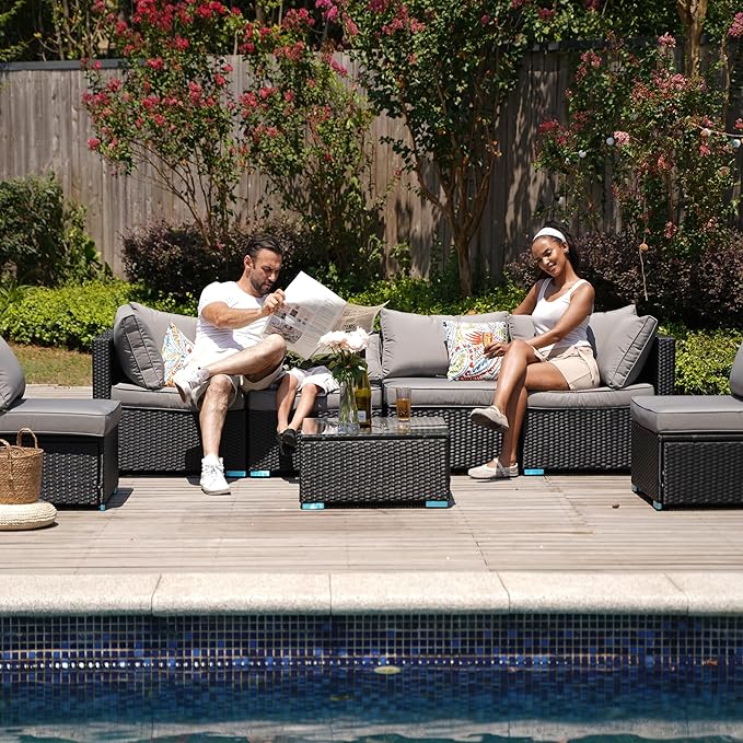 7 Piece Outdoor Patio Furniture Sets, Black Patio Sectional Furniture All-Weather PE Rattan Sectional Sofa, Outdoor Wicker Conversatin Set w Glass Coffee Table for Backyard, Garden, Porch