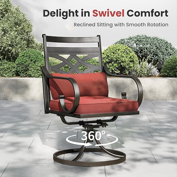 PHI VILLA 5 Pieces Outdoor Dining Set for 4, 42" Round Black Metal Table with Umbrella Hole & Wrought Iron Swivel Chairs, Large Outside Furniture with Red Cushions & Pillows for Patio, Deck, Porch