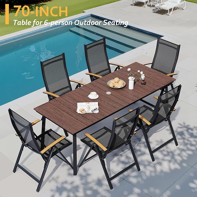 70 Inch Patio Outdoor Dining Table for 6 with Wood-Like Top & Umbrella Hole, All-Weather Deck & Backyard Table