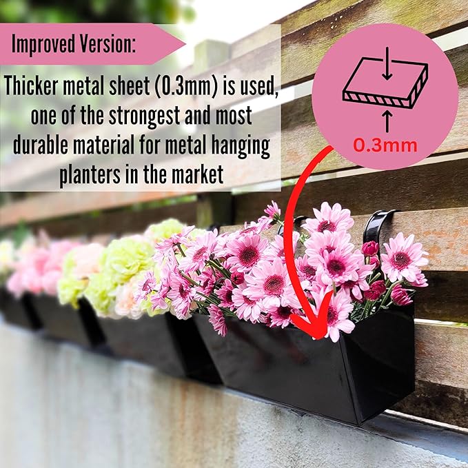 LaLaGreen Outdoor Rail Planter (6 Pack, 16 Inch) Large Black Metal Wall Hanging Strawberry Flower Pots, Rectangle Balcony Deck Railing Fence Rectangular Plant Holder Outside Patio Porch Decoration