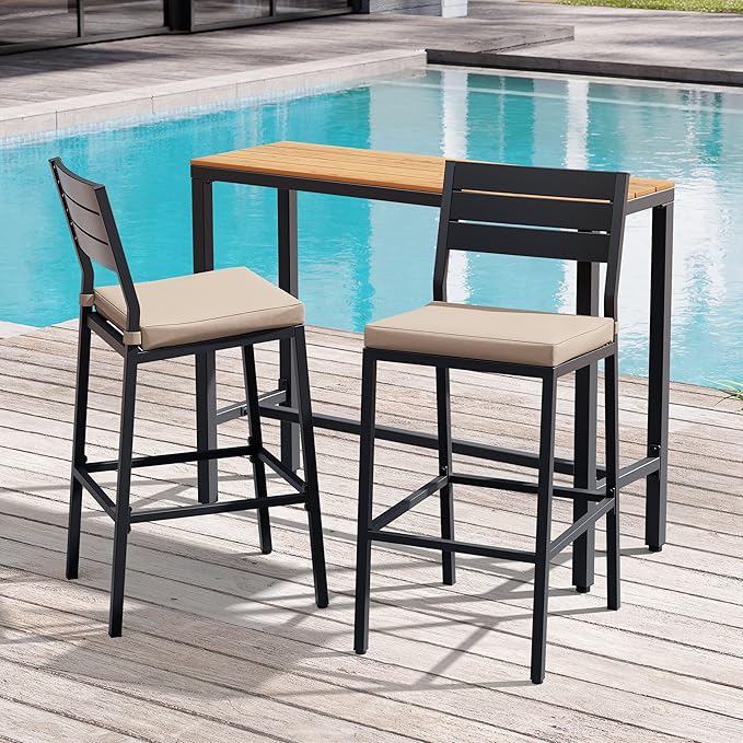 Crestlive Products Outdoor Bar Table and Chairs Set, 3 Piece Outside Patio Bar Set with 43" Long Bar Table and 2 Bar Stools for Balcony, Bistro, Garden, Backyard(Brown Desktop and Beige Cushion)