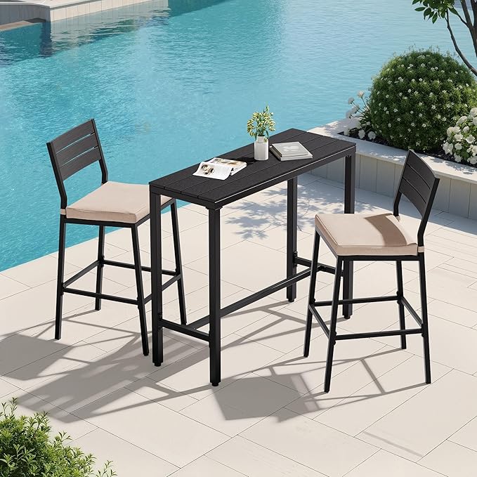 Crestlive Products Outdoor Bar Table and Chairs Set, 3 Piece Outside Patio Bar Set with 43" Long Bar Table and 2 Bar Stools for Balcony, Bistro, Garden, Backyard(Black Desktop and Beige Cushion)