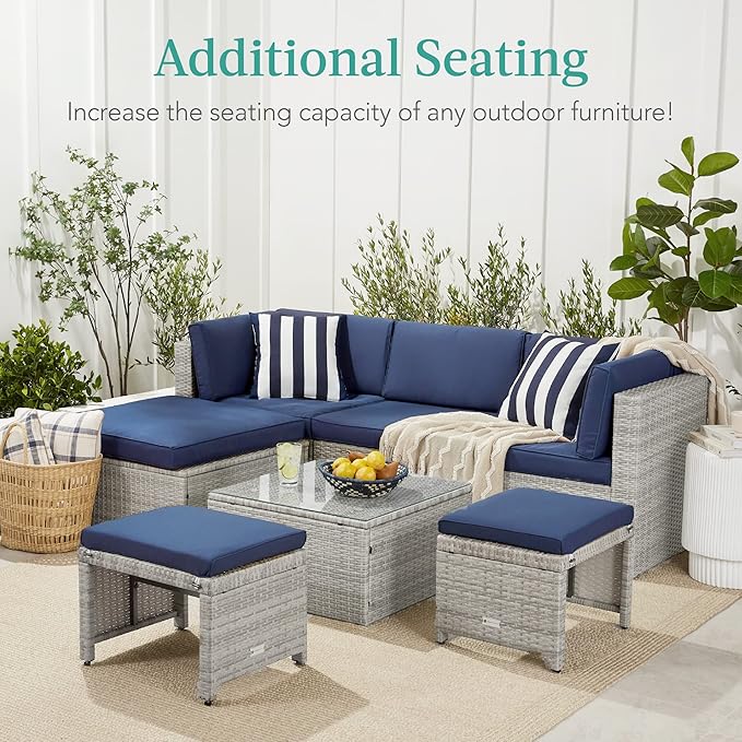 Best Choice Products Set of 2 Wicker Ottomans, Multipurpose Outdoor Furniture for Patio, Backyard, Additional Seating, Footrest, Side Table w/Removable Cushions, Steel Frame - Black/Black