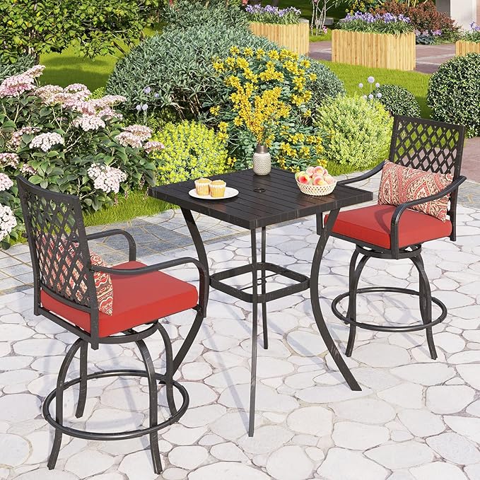 PHI VILLA 3 Piece Outdoor Bar Furniture Set, Counter-Height Patio Bistro Table & Swivel Bar Stools Chairs with Red Cushion for Garden, Backyard, Deck