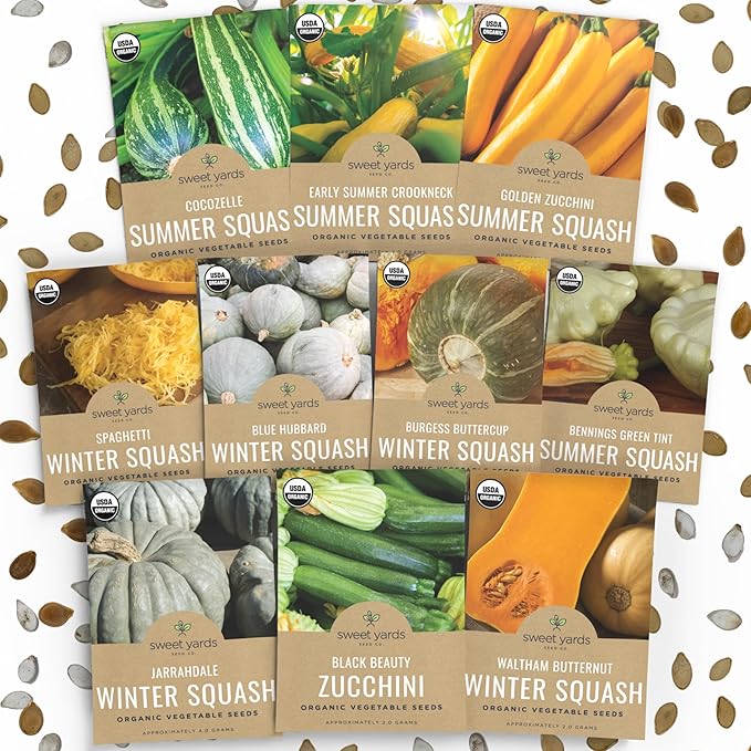 Organic Squash Seeds (Summer and Winter) Variety Pack - 10 Individual Packs - 2026 Season - Cocozelle, Spaghetti, Butternut, Golden Zucchini and More! for Indoor & Outdoor Planting