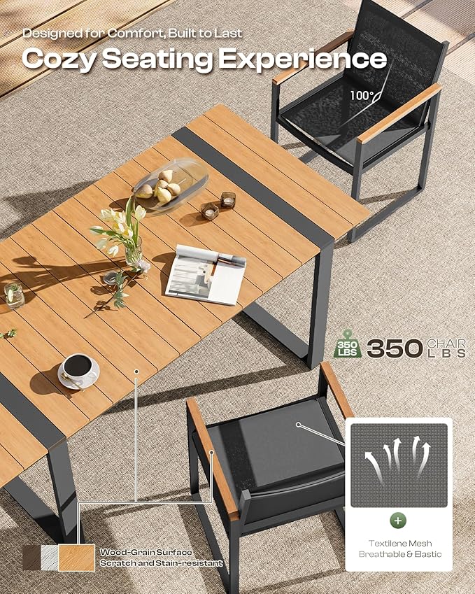 Outdoor Dining Table for 6, HDPS+ Aluminum Patio Dning Table with U-Shape Leg, Size: 67.4"*32.3"*29.6",Modern Rectangular Table for Lawn, Garden (Gray-Teak)